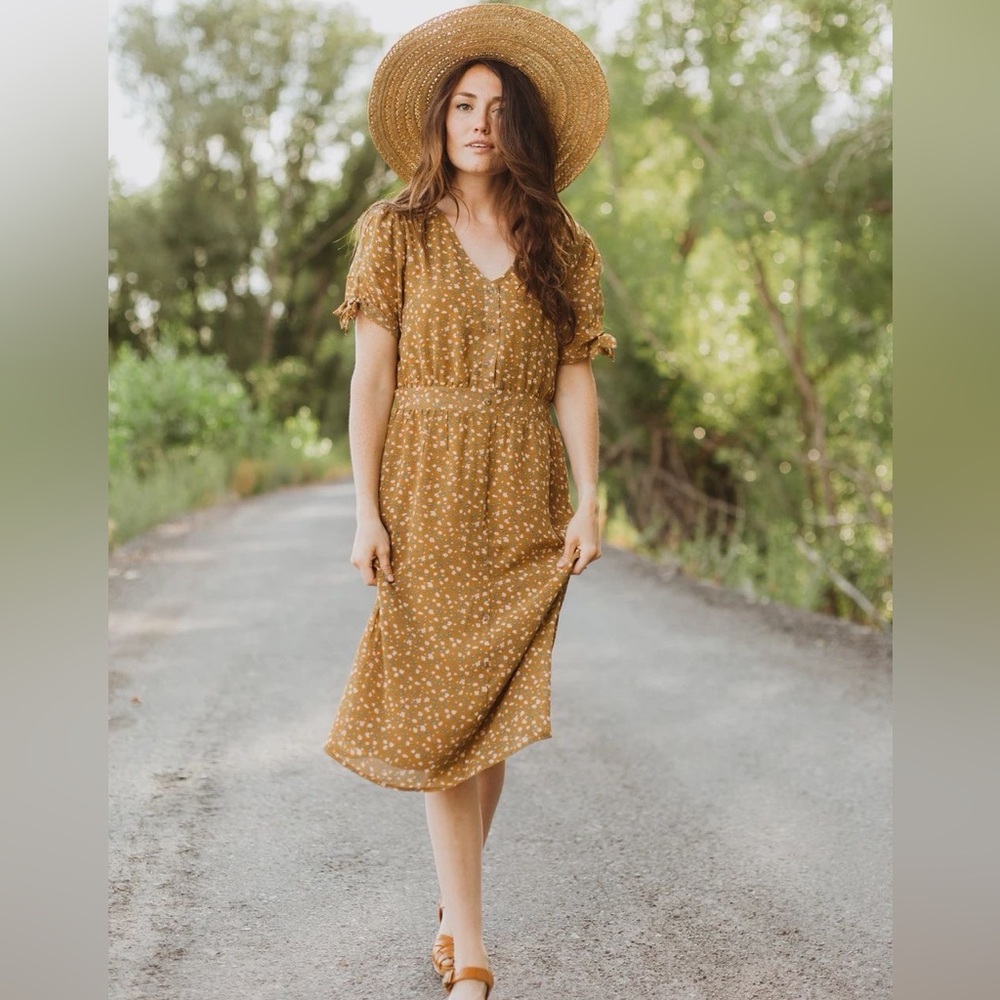Piper & Scoot Floral Mustard Midi Button Up V Neck Dress - Picture 2 of 14